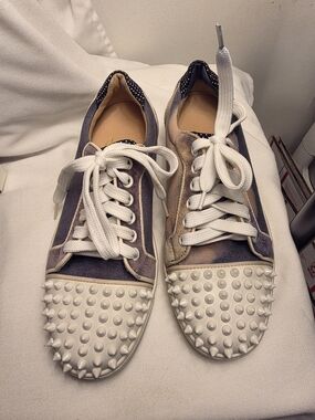 Christian Louboutin Two-Tone Navy & Tan/White Spiked Toe Sneakers